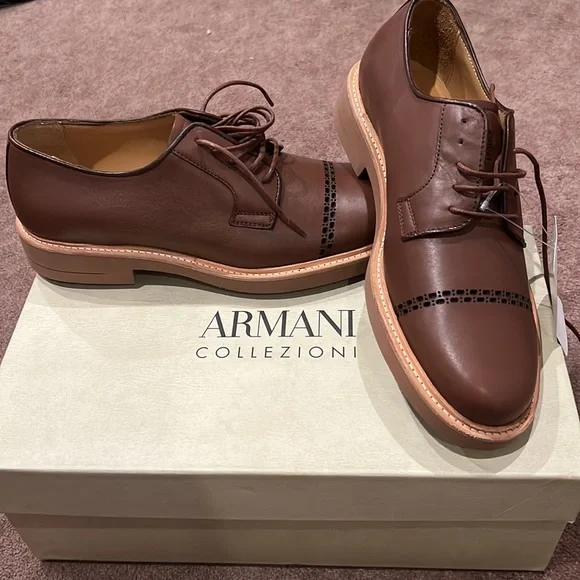 Armani Collezioni Men Brown Testa Moro Cap Toe Derby Giorgio Armani Mens Grained Calf Leather Rubber-Sole Derby  main image 4
